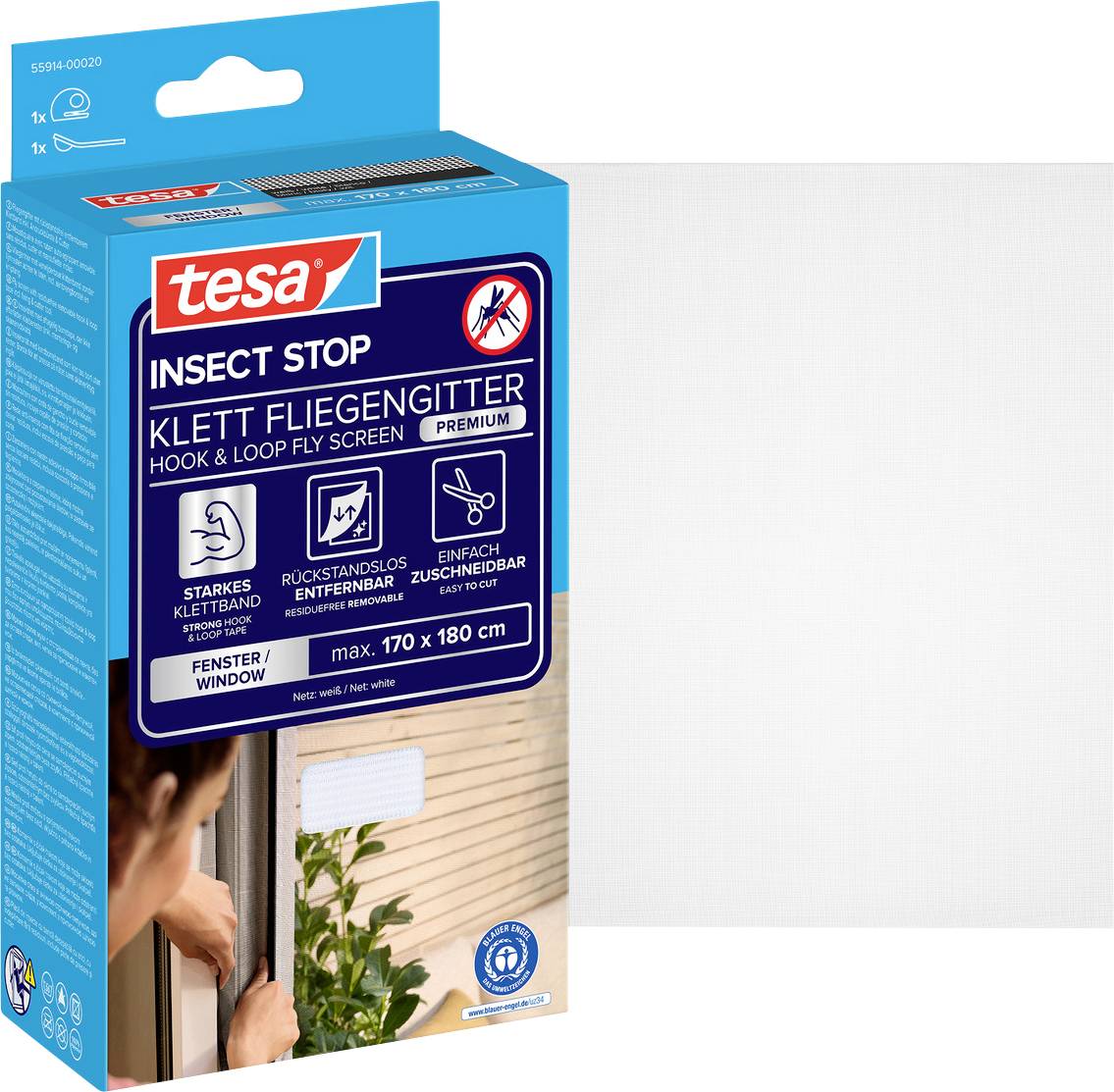 Verpackung für tesa Insect Stop Klettverschluss-Fliegengitter, zeigt ein Fenster-Schutzgitter für einfache Installation ohne Bohren und abnehmbaren Insektenschutz.