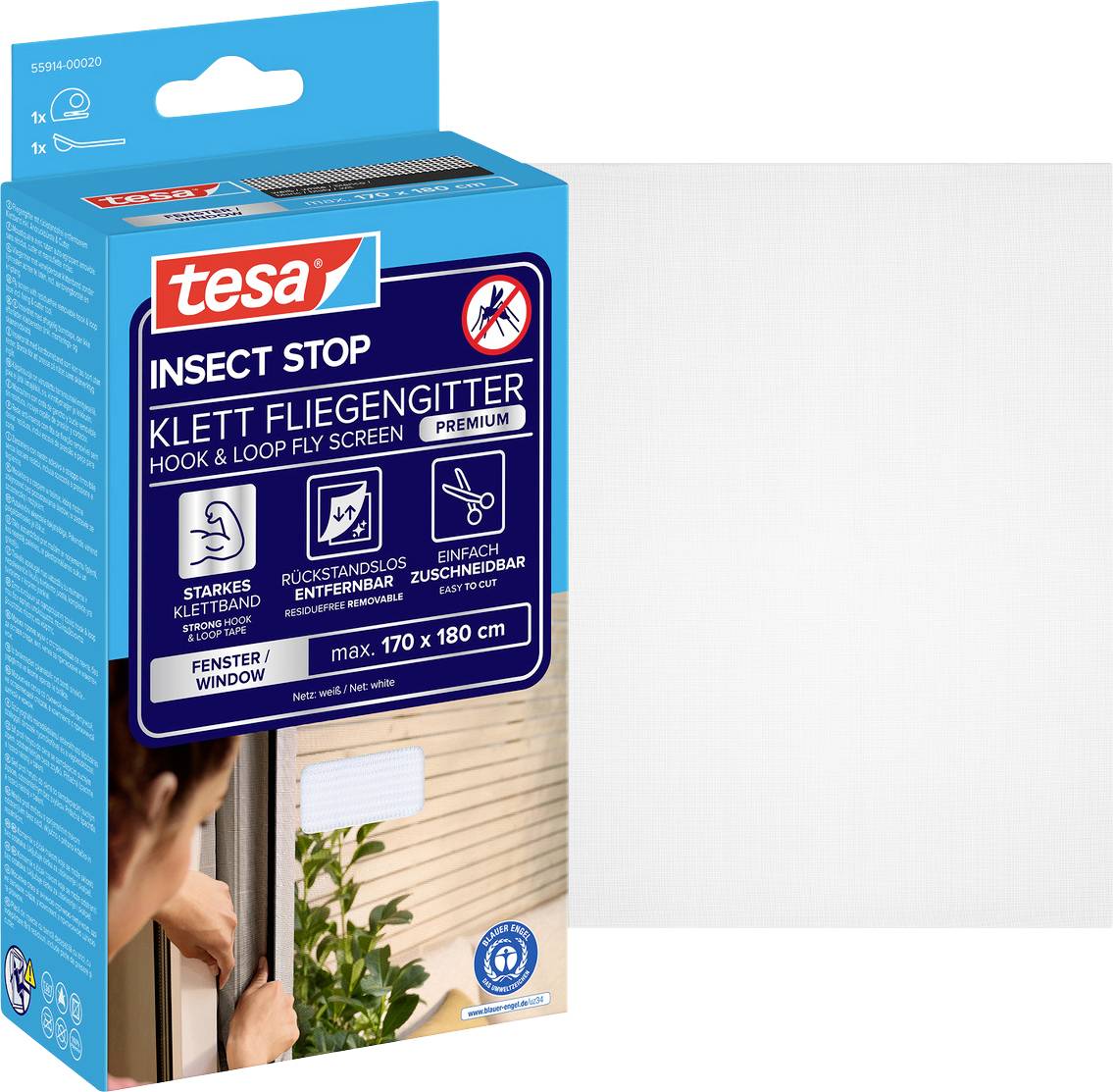 Paket für tesa Insect Stop Klettband-Fliegengitter, Premium-Fensterfliegengitter, gezeigt mit Produktkarton und installiertem Gitterbeispiel.