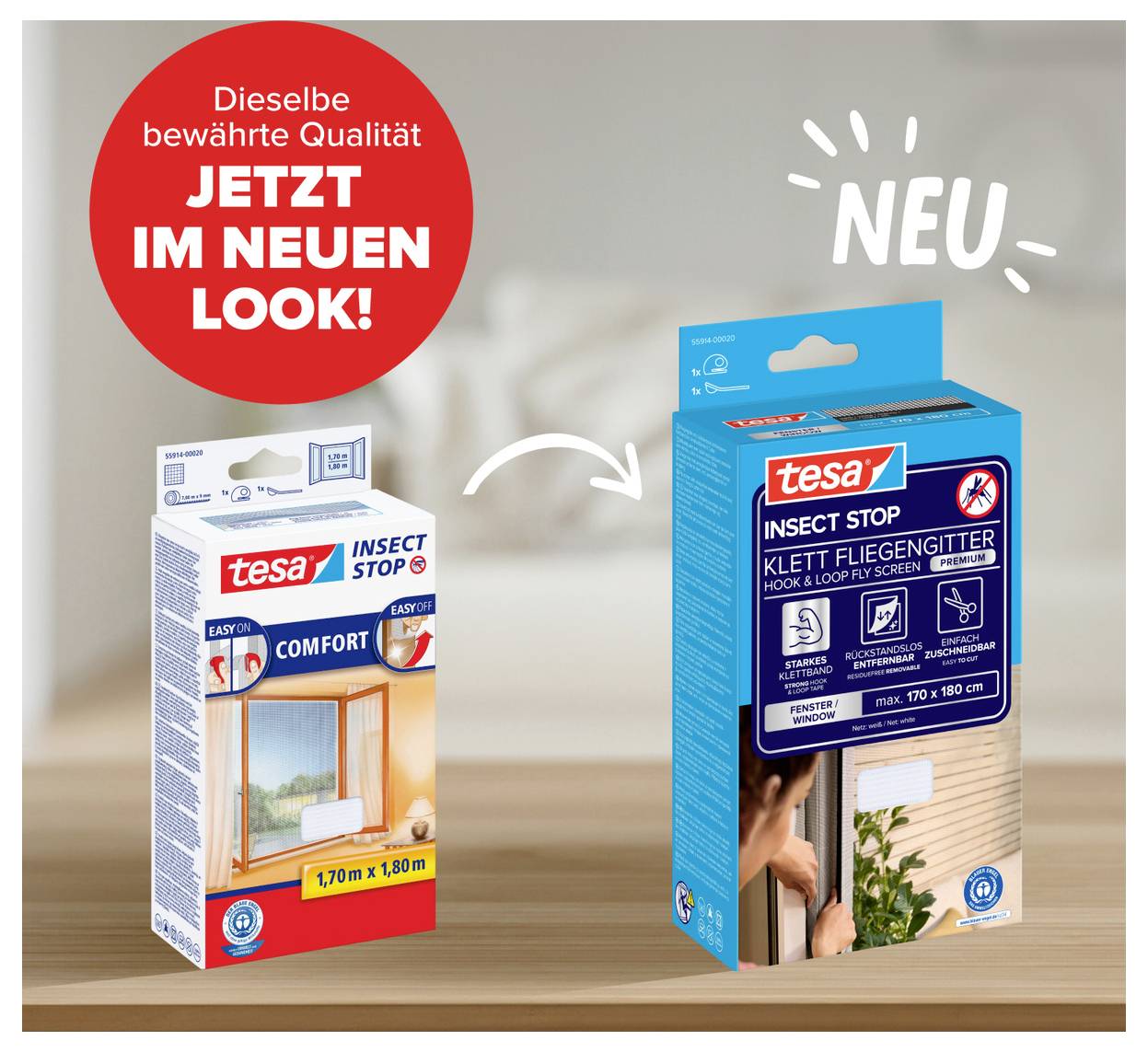 Werbung zeigt die alte und neue tesa Insect Stop Verpackung mit Pfeil; Text: 'Dieselbe bewährte Qualität jetzt im neuen Look!' und 'NEU'.