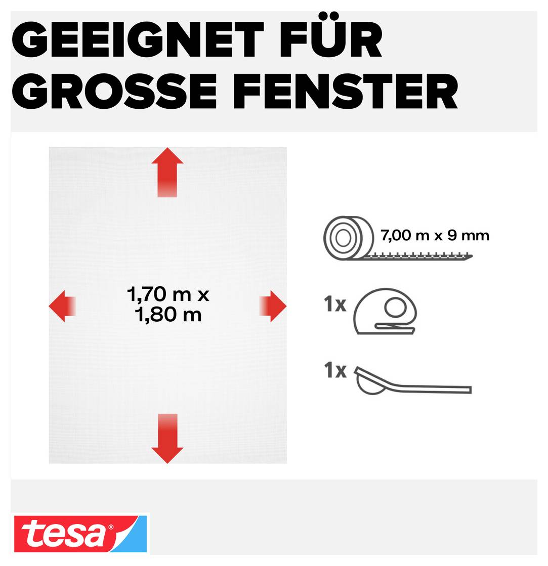 Werbegrafik für große Fenster: 1,70 m x 1,80 m großes Fenster; benötigt 7,00 m x 9 mm Dichtband, 1 Rolle und 1 Werkzeug.