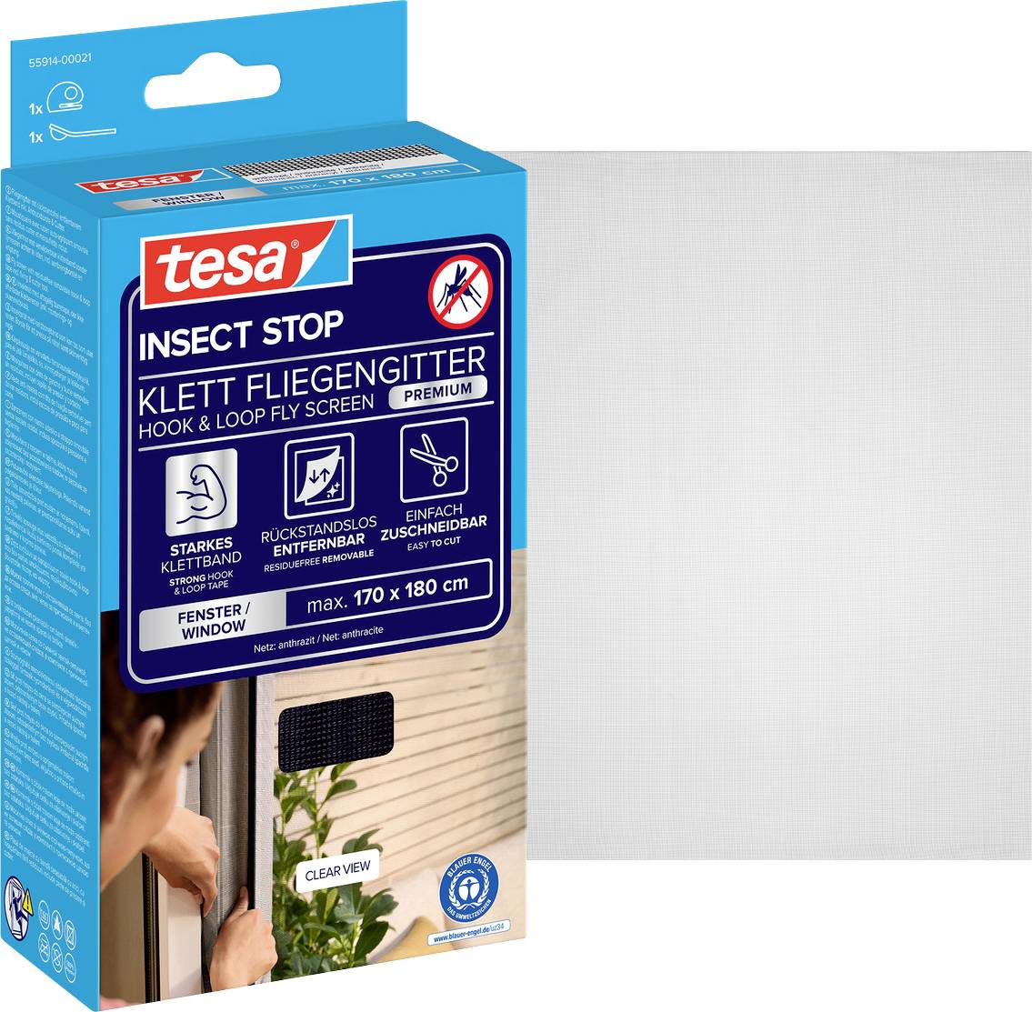 Verpackung für tesa Insect Stop Klettband-Fliegengitter, gezeigt mit einem weißen Fenstergitter für Fenster bis 170 x 180 cm.