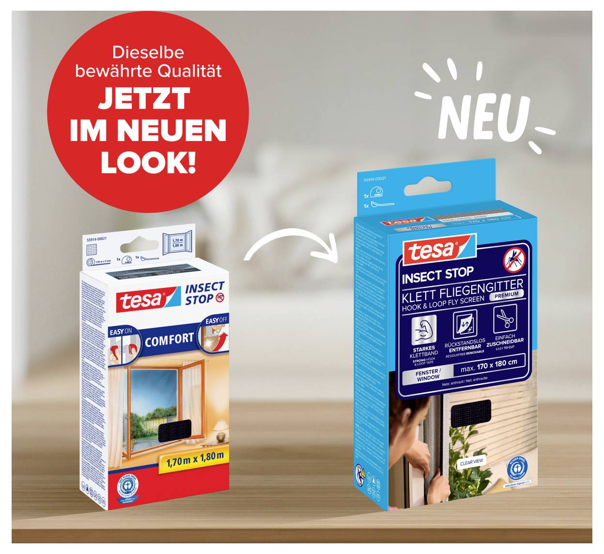 Tesa 'Insect Stop Lamella Serie' Produktanzeige mit vier blauen Insektenschutz-Vorhangpackungen und einem Symbol ohne Insekten.