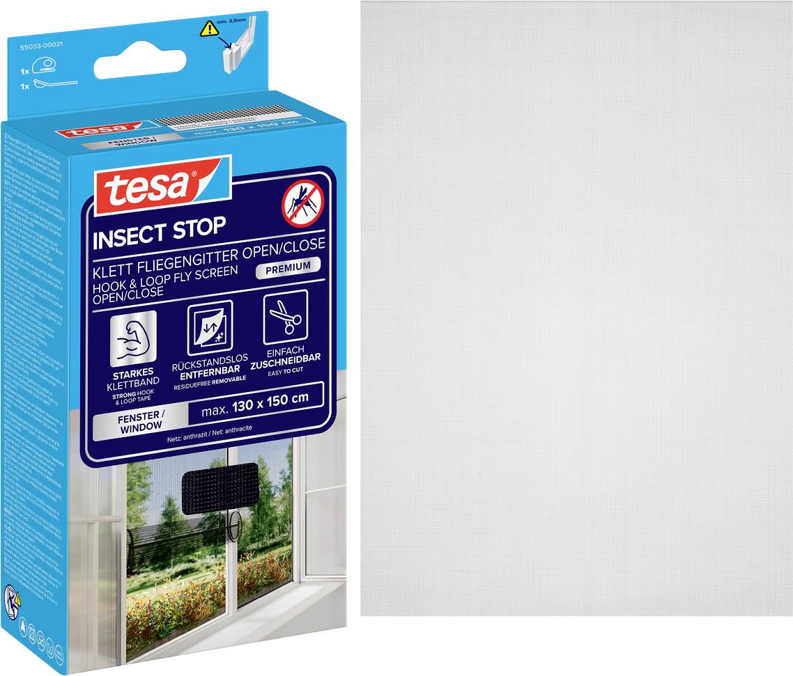 Verpackung für tesa Insect Stop Fenster-Fliegengitter mit Öffnungs-/Schließfunktion Premium, gezeigt mit einem weißen Maschenfeld.