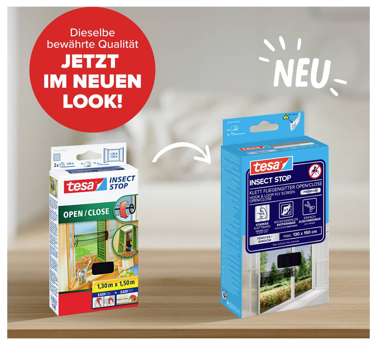 Anzeige zeigt die Umgestaltung der tesa Insect Stop Verpackung, mit der alten Schachtel auf der linken Seite und der neuen blauen Schachtel auf der rechten Seite, gekennzeichnet mit „NEU