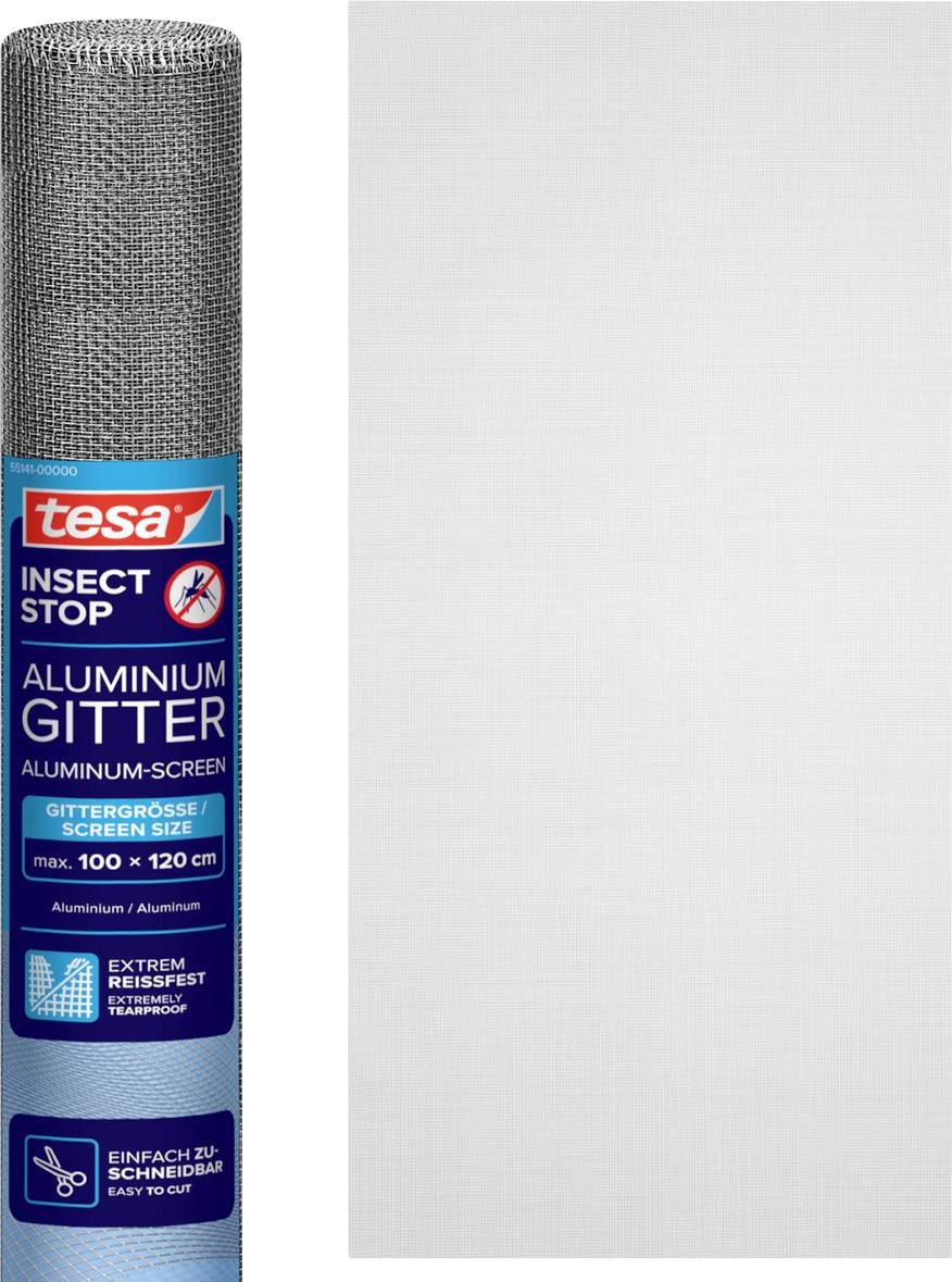 Rolle Tesa Insekten-Stop Aluminium-Fliegengitter neben einem flach geschnittenen Stück silberner Siebmaterialien.