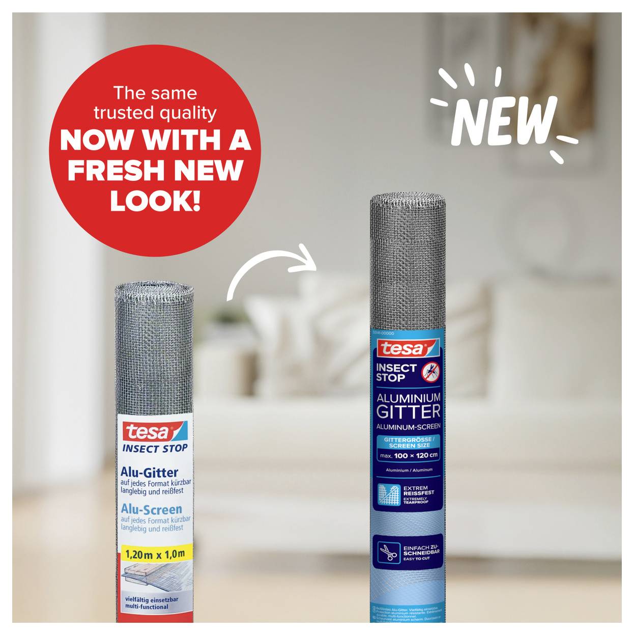 Werbung für tesa Insect Stop: links alte Alu-Gitter-Rolle, rechts neue höhere Rolle mit 'NEW' und Hinweis auf frisches Design.