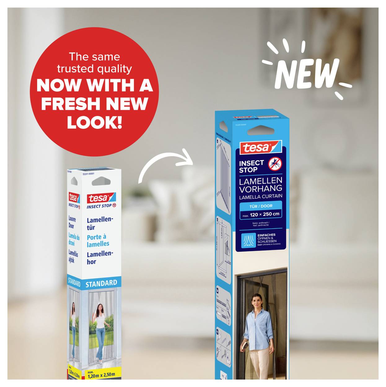 Werbeanzeige für tesa Insektenschutz: alte Verpackung links, neue blaue Verpackung rechts, Pfeil und Text 'NOW WITH A FRESH NEW LOOK!' sowie 'NEW'.