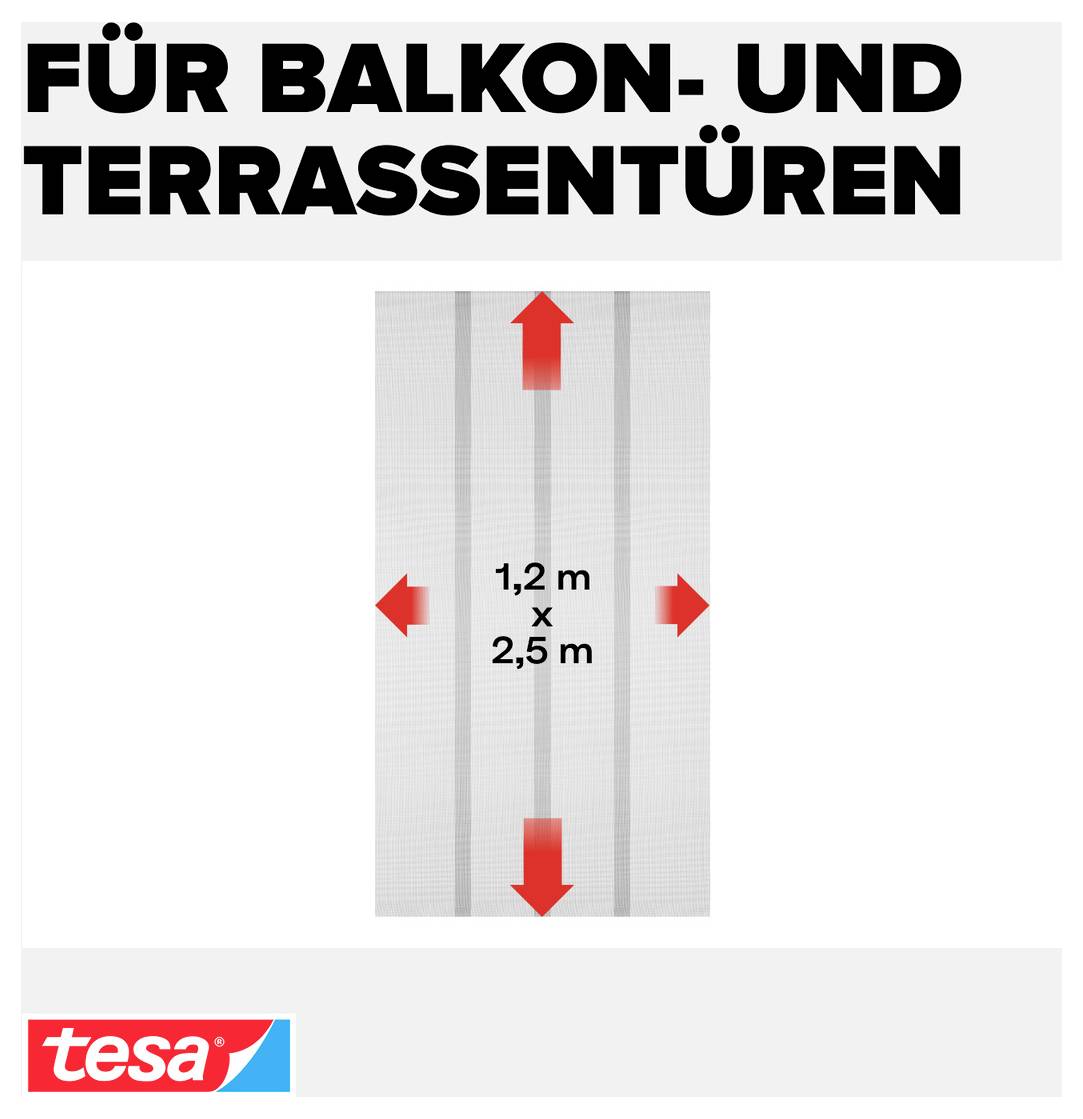 Werbegrafik für Balkon- und Terrassentüren: helles Fliegengitter 1,2 x 2,5 m mit roten Pfeilen nach oben, unten und zu den Seiten.