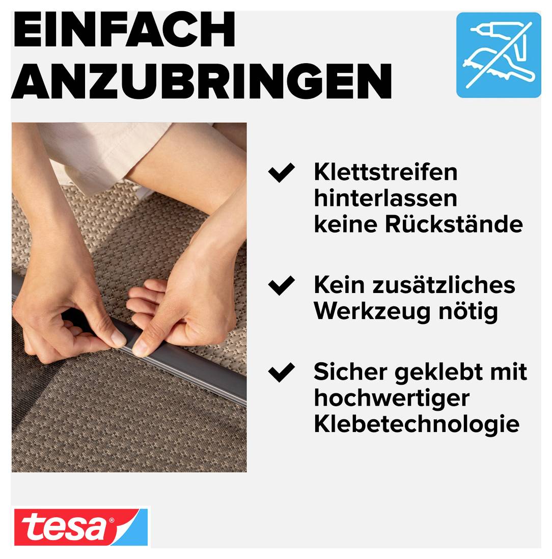 Werbung für tesa: 'Einfach anzubringen' mit Foto von Händen beim Anbringen eines Klebestreifens; Vorteile: keine Rückstände, kein Werkzeug, sicher geklebt.