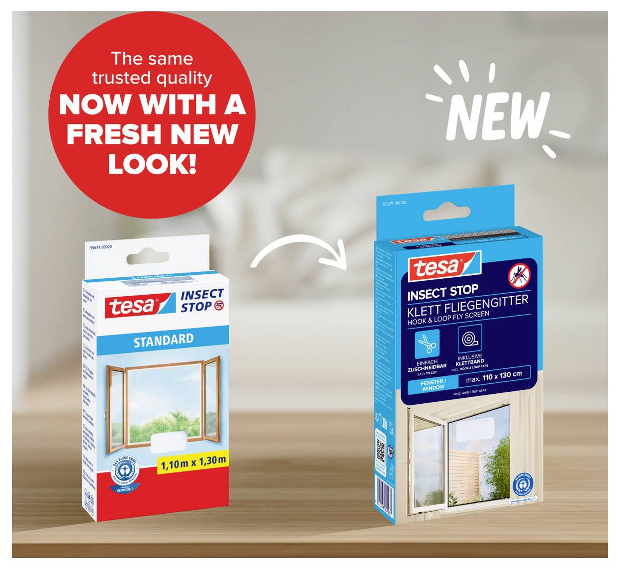 Verpackungsvergleich, der tesa Insect Stop STANDARD mit dem aktualisierten Insect Stop Klett Fliegengitter zeigt, mit einer „NEU
