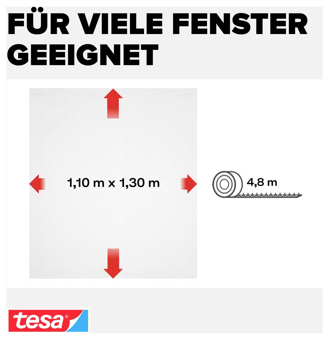 Diagramm zeigt ein Fensterfliegengitter mit den Abmessungen 1,10 m x 1,30 m, geeignet für viele Fenster, mit 4,8 m Klebeband.