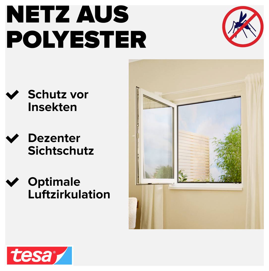 Tesa 'NETZ AUS POLYESTER' Anzeige mit einem offenen Fenster-Insektenschutzgitter, das folgende Vorteile zeigt: Insektenschutz, diskrete Sichtbarkeit und Luftzirkulation.