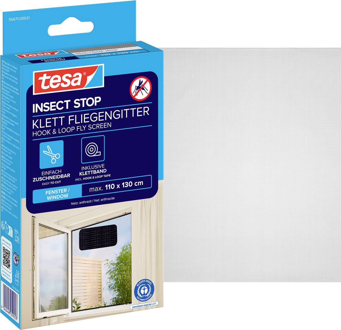 Tesa Insect Stop Klettband-Fliegengitter für Fenster, max. 110 x 130 cm, gezeigt mit einem Fenstersieb-Beispiel.