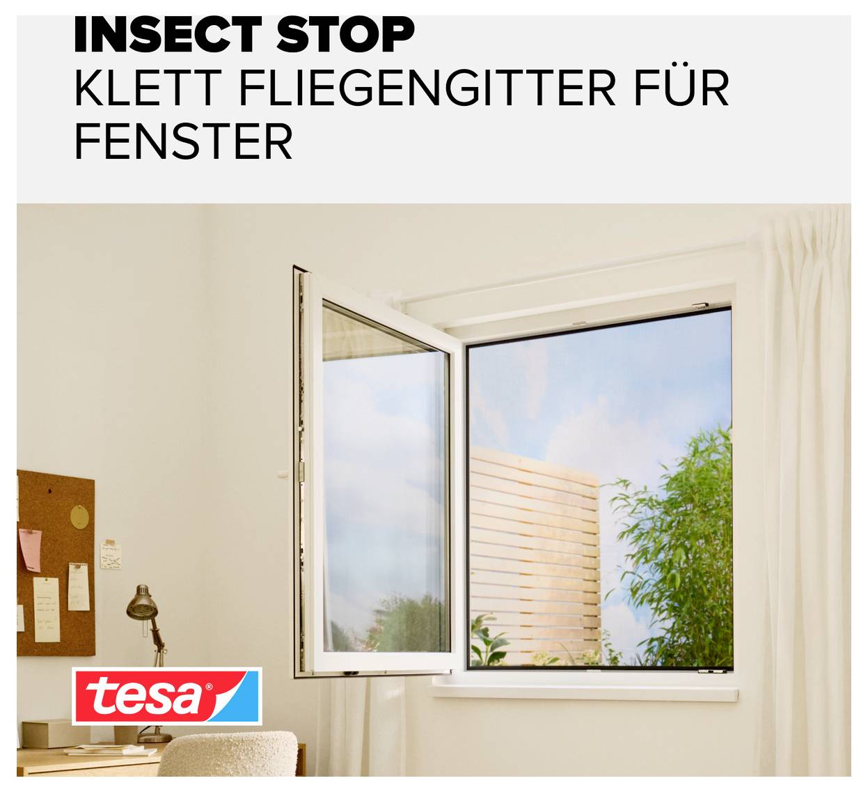 Produktanzeige zeigt ein Fenster mit offenem Insektenschutzgitter; die Überschrift lautet „INSECT STOP