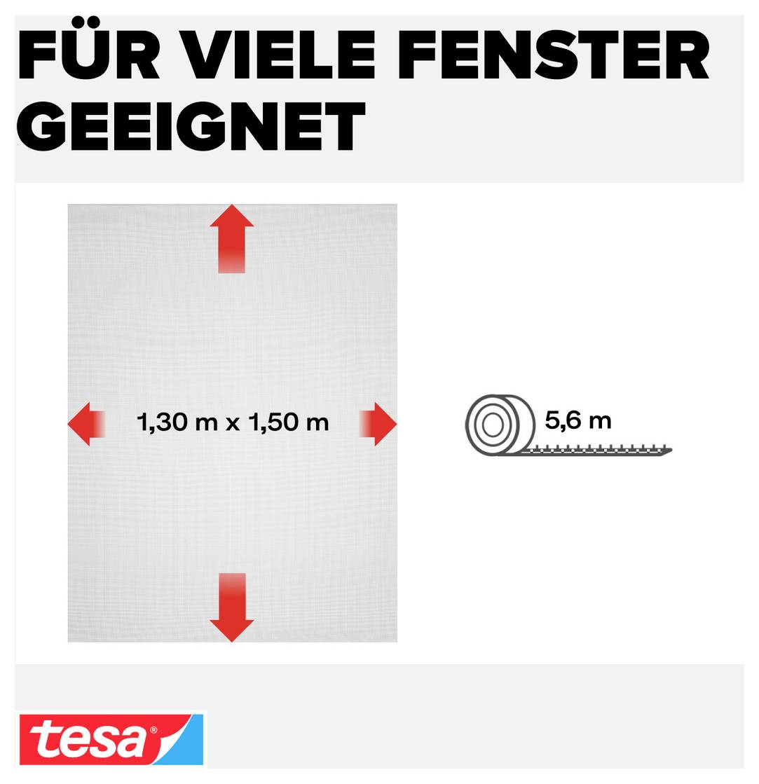 Produktgrafik mit einem Fliegengitter, das für viele Fenster geeignet ist: 1,30 m x 1,50 m Platte, 5,6 m Rollenlänge, mit tesa Branding.