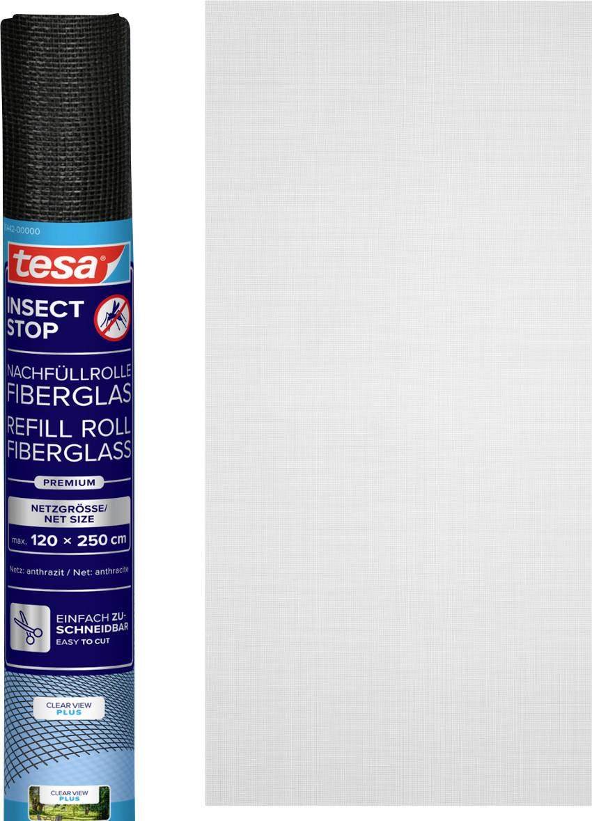Tesa Insekt Stop Glasfaser-Nachfüllrolle, 120 x 250 cm, gezeigt aufgerollt neben einem flachen weißen Bildschirmpanel.