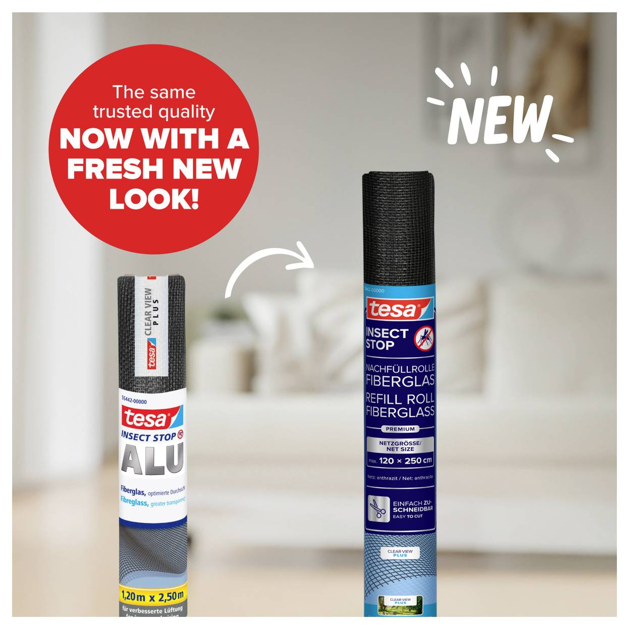 Werbung für tesa Insect Stop: neues Design der Fliegengitter-Rolle, links alte Verpackung, rechts neue mit Hinweis 'NEW'.
