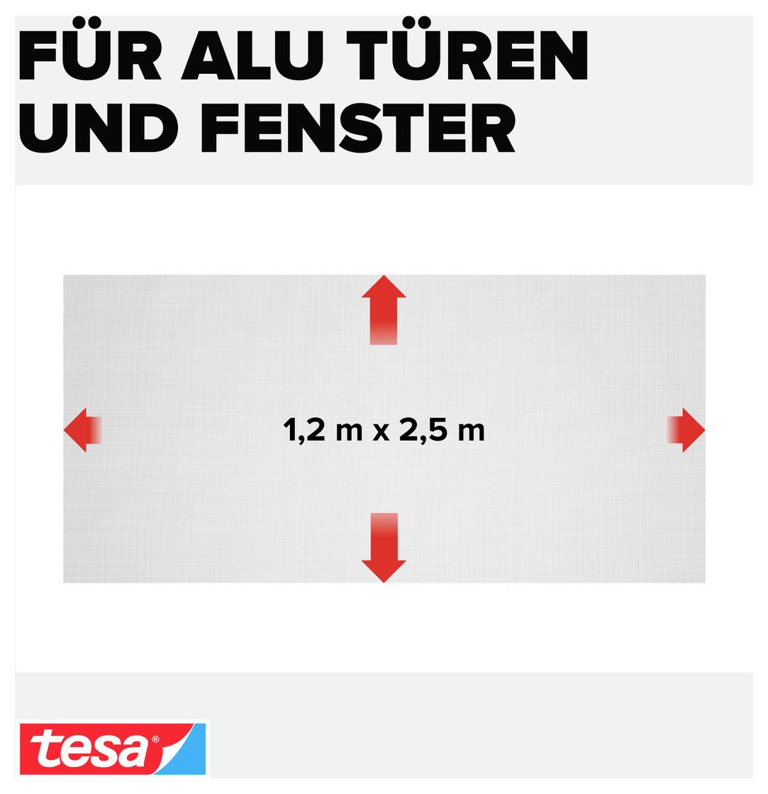 Werbegrafik für Aluminiumtüren und -fenster mit Maßangabe 1,2 m x 2,5 m und tesa-Logo unten links.