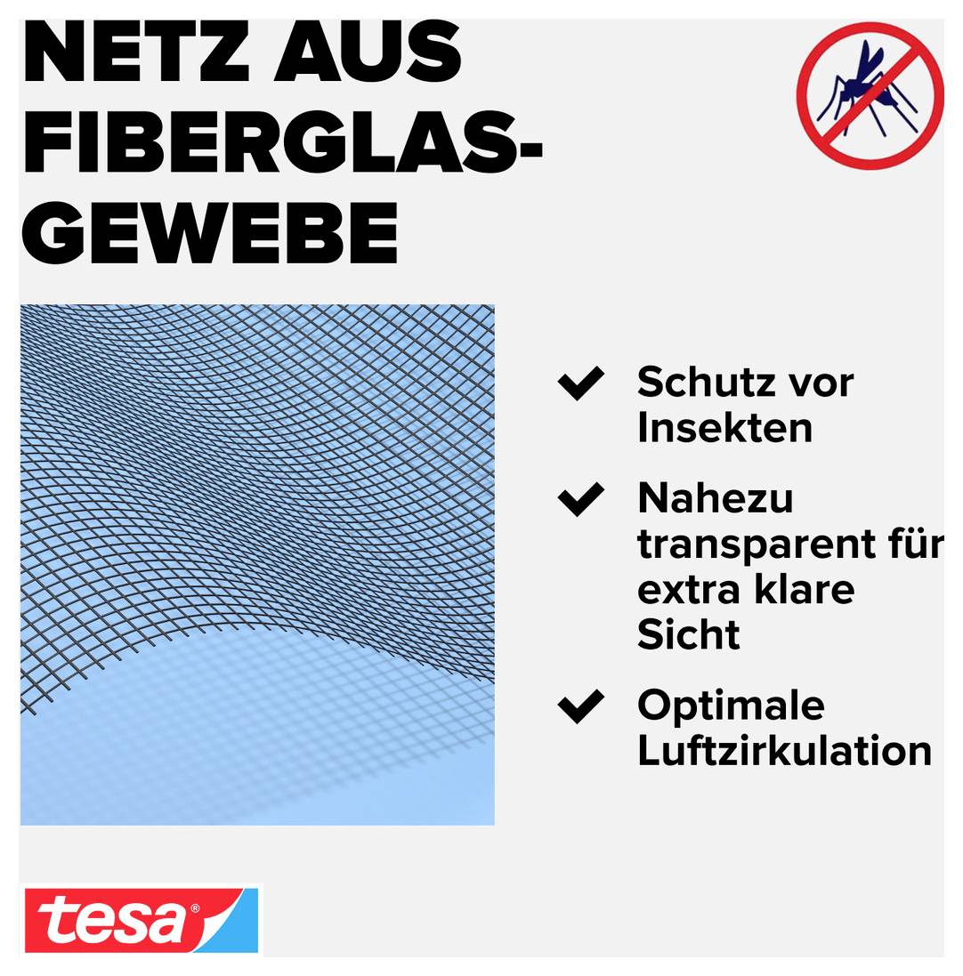 Werbebild für 'Netz aus Fiberglas-Gewebe' von tesa: schützt vor Insekten, ist nahezu transparent und sorgt für optimale Luftzirkulation.