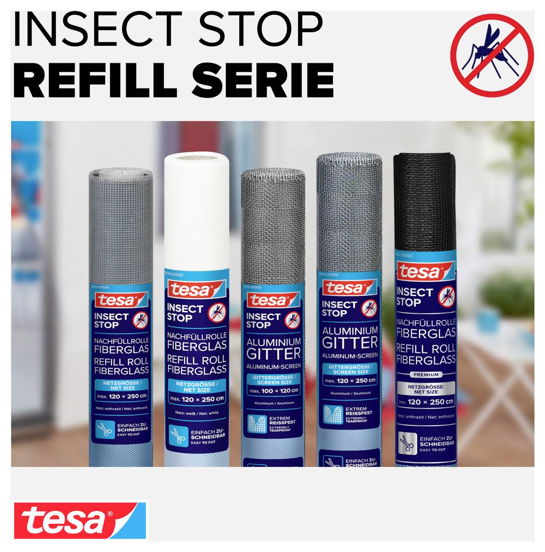 Werbebild für Tesa Insect Stop Refill Serie: fünf Insektenschutz-Geweberollen in verschiedenen Farben mit Produktnamen und Logo.