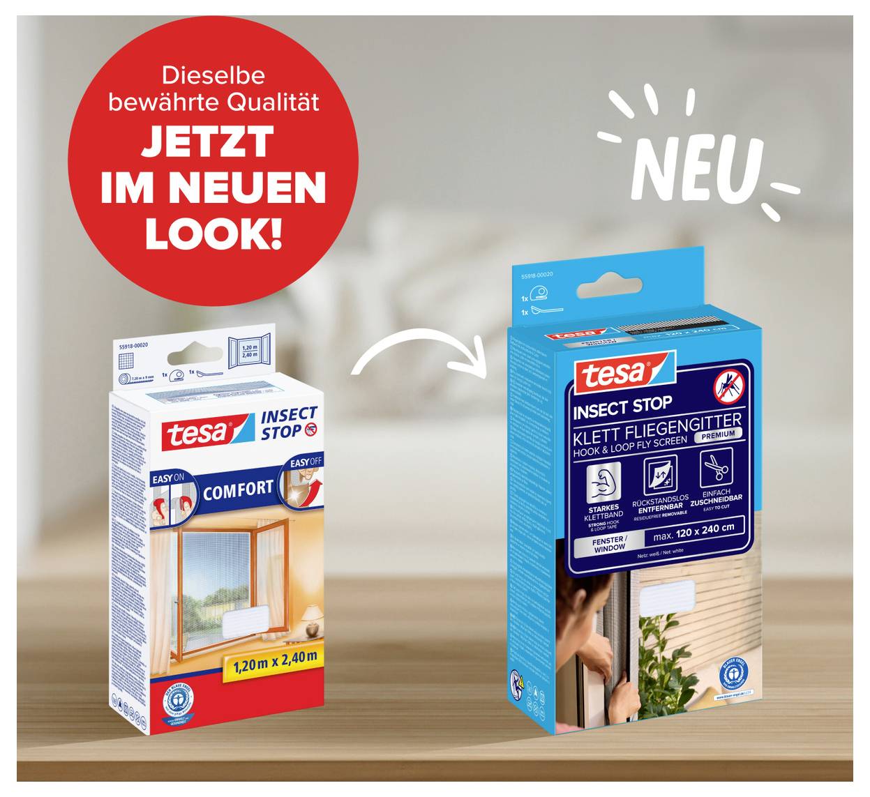 Werbeanzeige für tesa Insektenschutz: alte Verpackung links und neues blaues Design rechts, mit Hinweis 'Dieselbe bewährte Qualität, jetzt im neuen Look!' und 'Neu'.