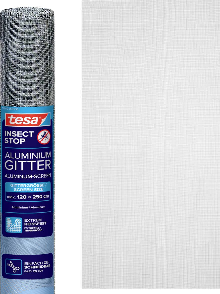 Rolle von tesa Insect Stop Aluminium-Fliegengitter, abgebildet in der Verpackung neben einer Musterprobe des feinen silbernen Gittermaterials.