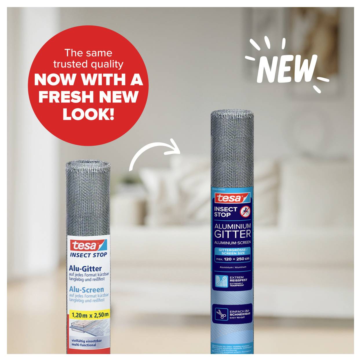 Werbegrafik für tesa Insect Stop: links die alte Alu-Screen-Rolle, rechts die neue Alu Gitter-Rolle mit Pfeil und Hinweis 'NEW'; Text betont frisches neues Design.
