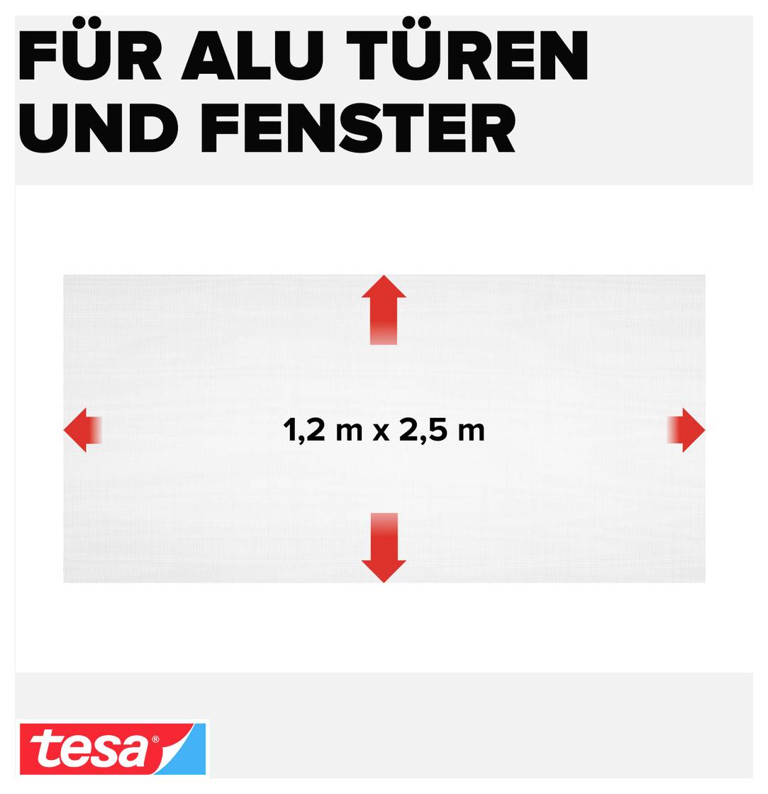 Schild für Aluminiumtüren und -fenster, das eine Panelgröße von 1,2 m x 2,5 m mit roten Pfeilen zeigt, die Abmessungen anzeigen; tesa-Logo.