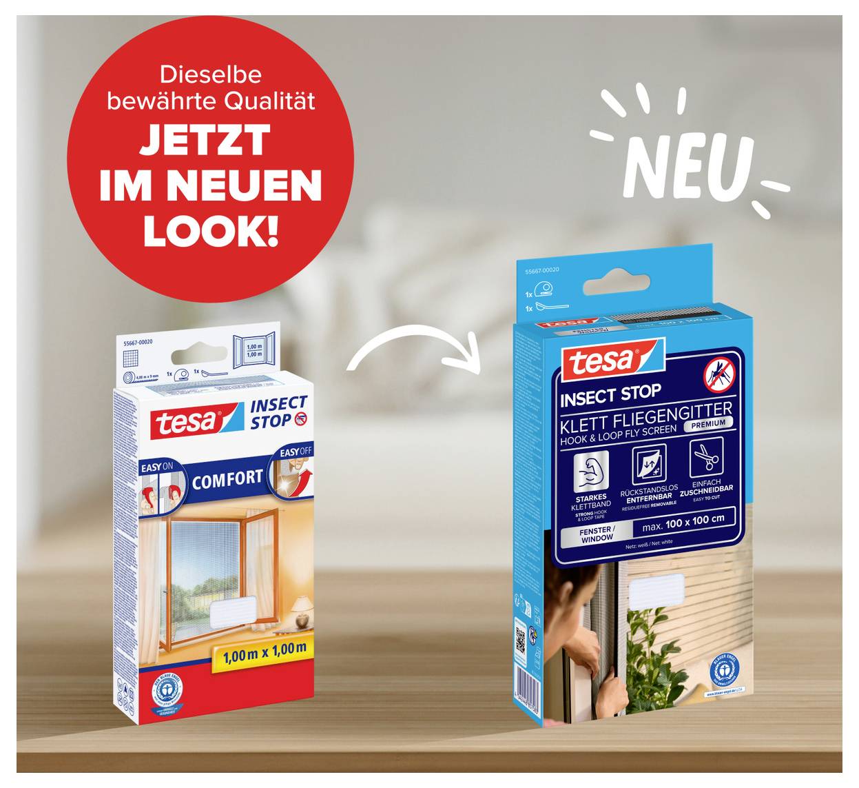Produktverpackungsvergleich zeigt tesa Insect Stop vor und nach dem Redesign, mit alter Schachtel links, neuer blauer Schachtel rechts, und Text 'JETZT IM NEUEN LOOK!' und 'NEU'