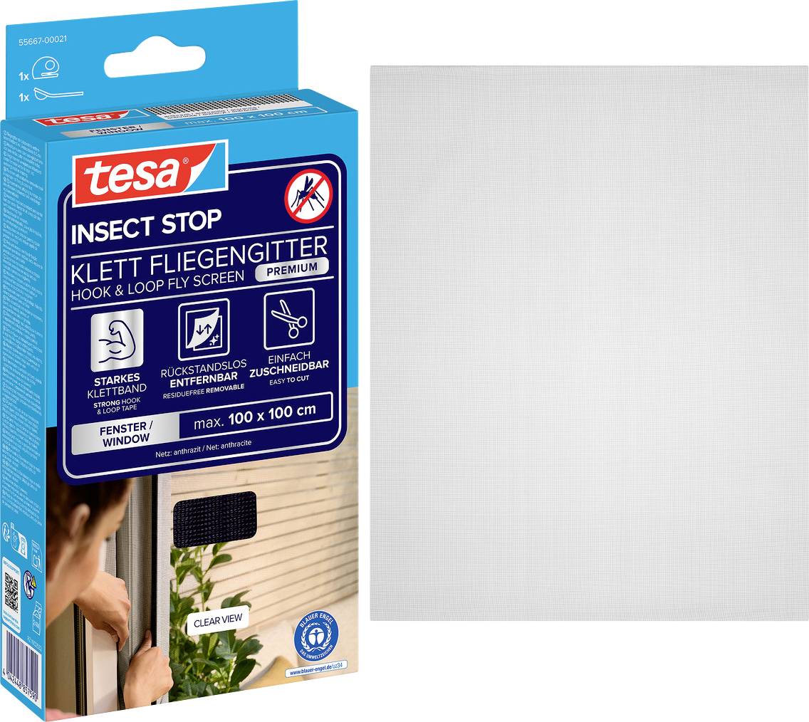 Produktbild eines Tesa Insect Stop Klettband-Fliegengitter-Sets, das blaue Verpackung und ein weißes Netzpaneel für ein Fenster zeigt, max. 100 x 100 cm.