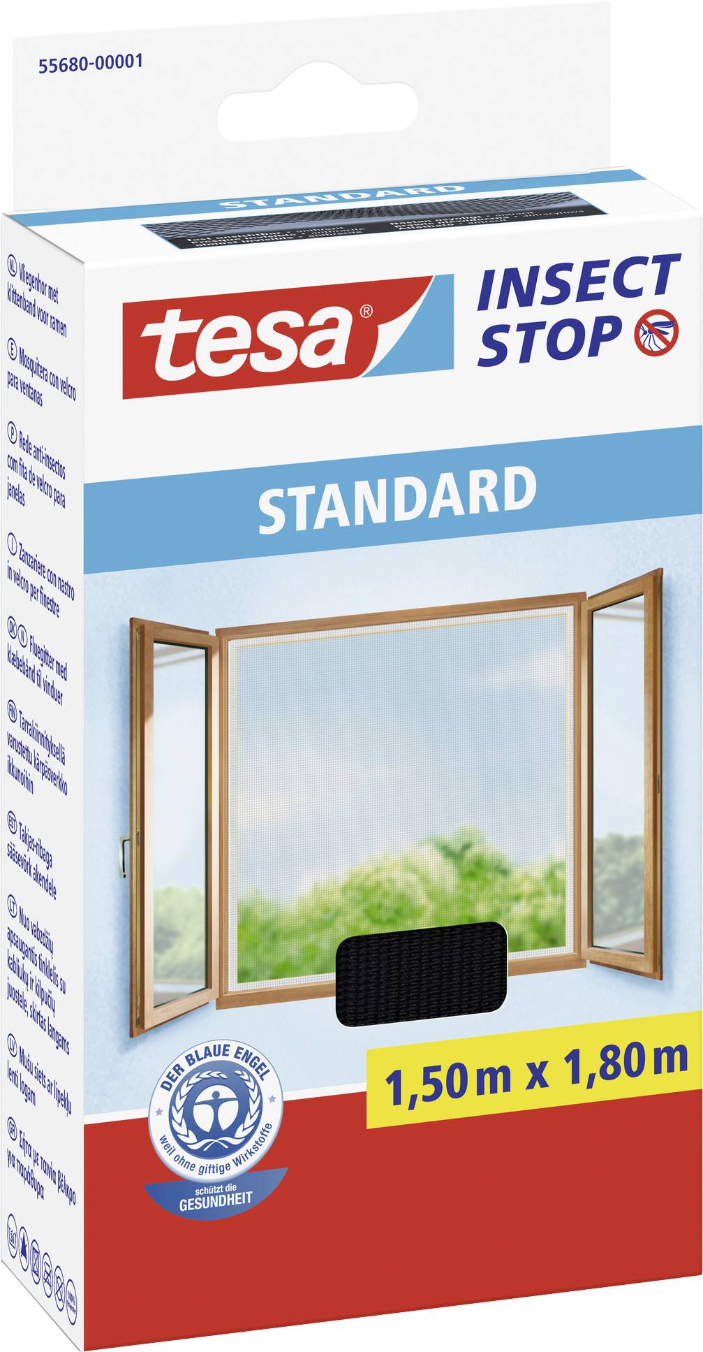 Produktverpackung von tesa Insect Stop Standard, zeigt ein offenes Fenster mit Insektenschutznetz. Größe: 1,50 m x 1,80 m.