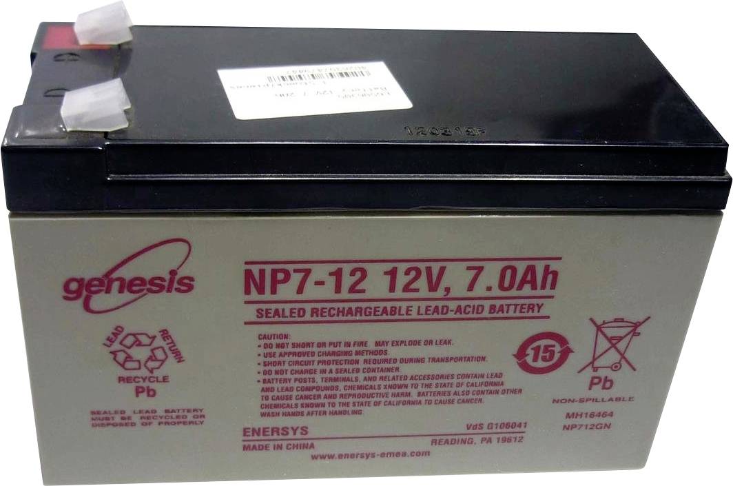 Blei-Säure-Batterie, Modell 'NP7-12', 12V, 7.0Ah. Aufschrift zeigt Hersteller 'Genesis' und Recycling-Symbole.