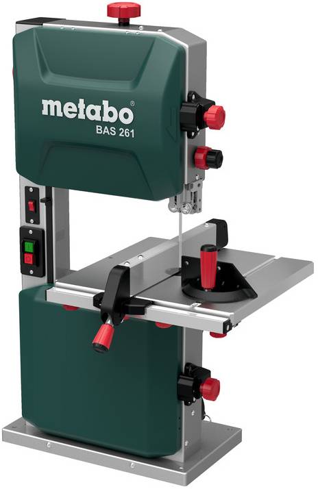 Metabo BAS 261 Bandsäge auf einem Metallgestell, mit roten Verstellknöpfen und einer grauen Arbeitstischplatte zum Schneiden von Holz oder Metall.