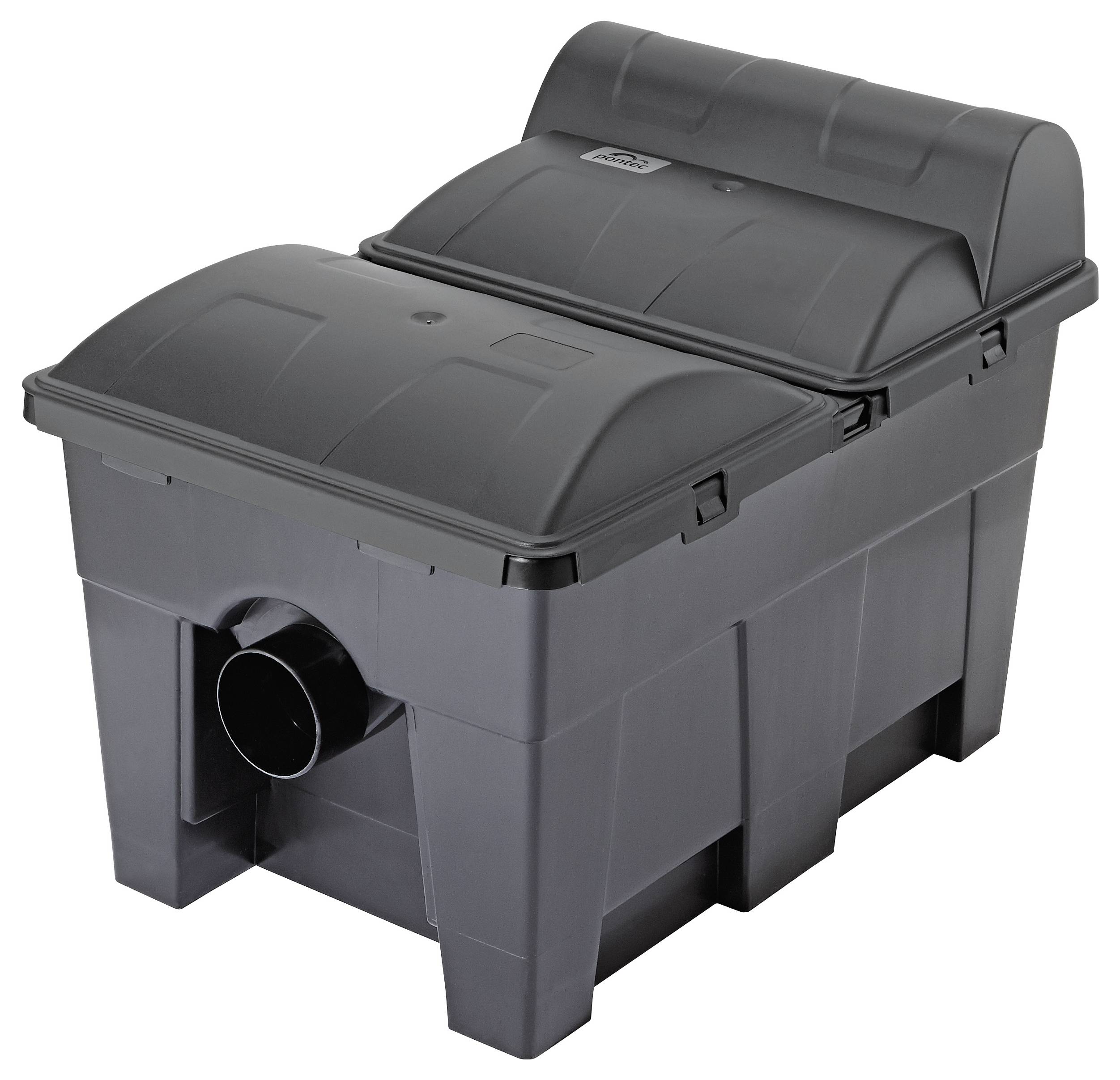 Grauer Kunststoff-Abwassertank mit zwei Kammern und zentralem Rohrabfluss.