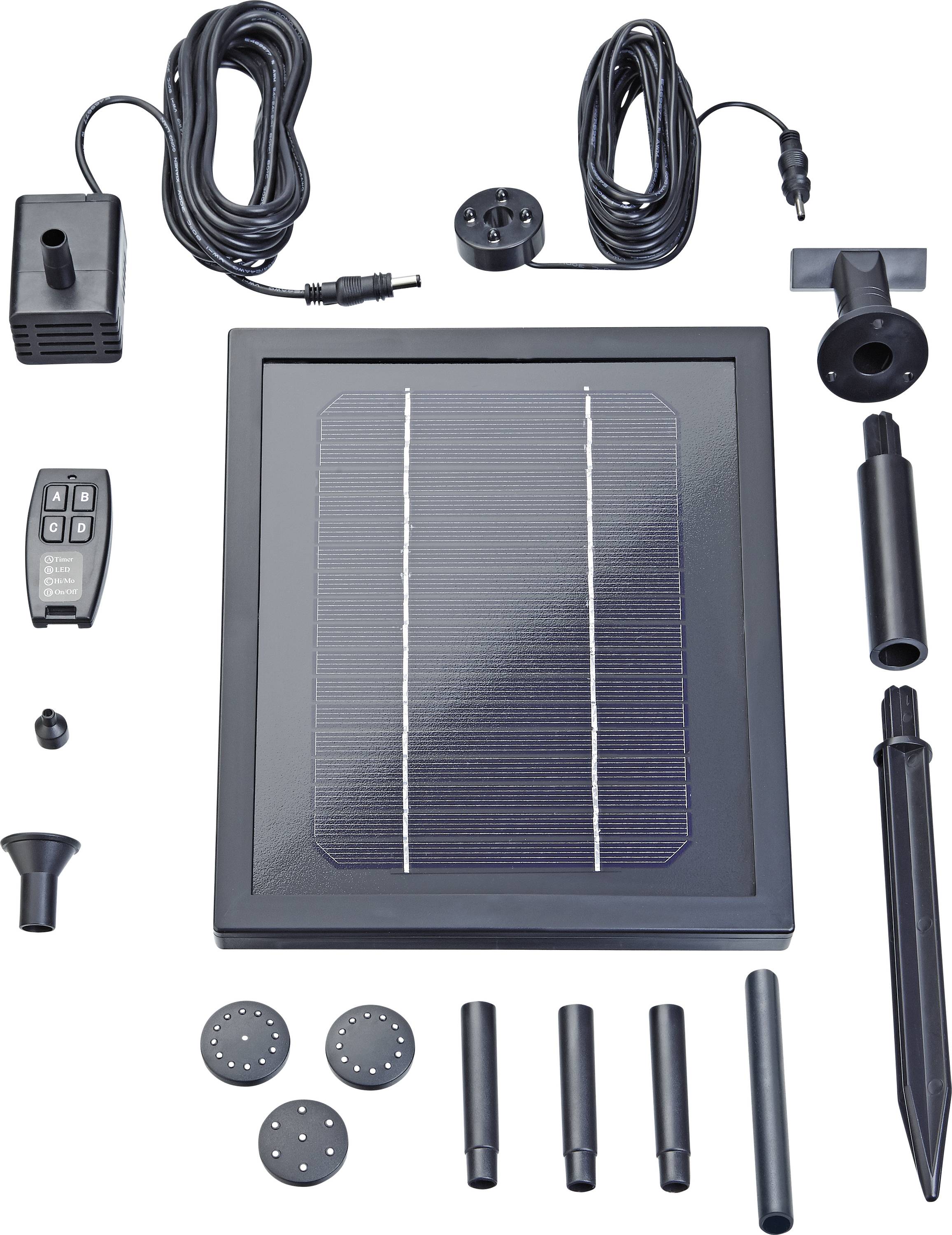 Solarer Wasserbrunnen-Bausatz mit Solarpanel, Pumpe, Fernbedienung und verschiedenen Zubehörteilen. Komponenten sind übersichtlich nach Art sortiert.