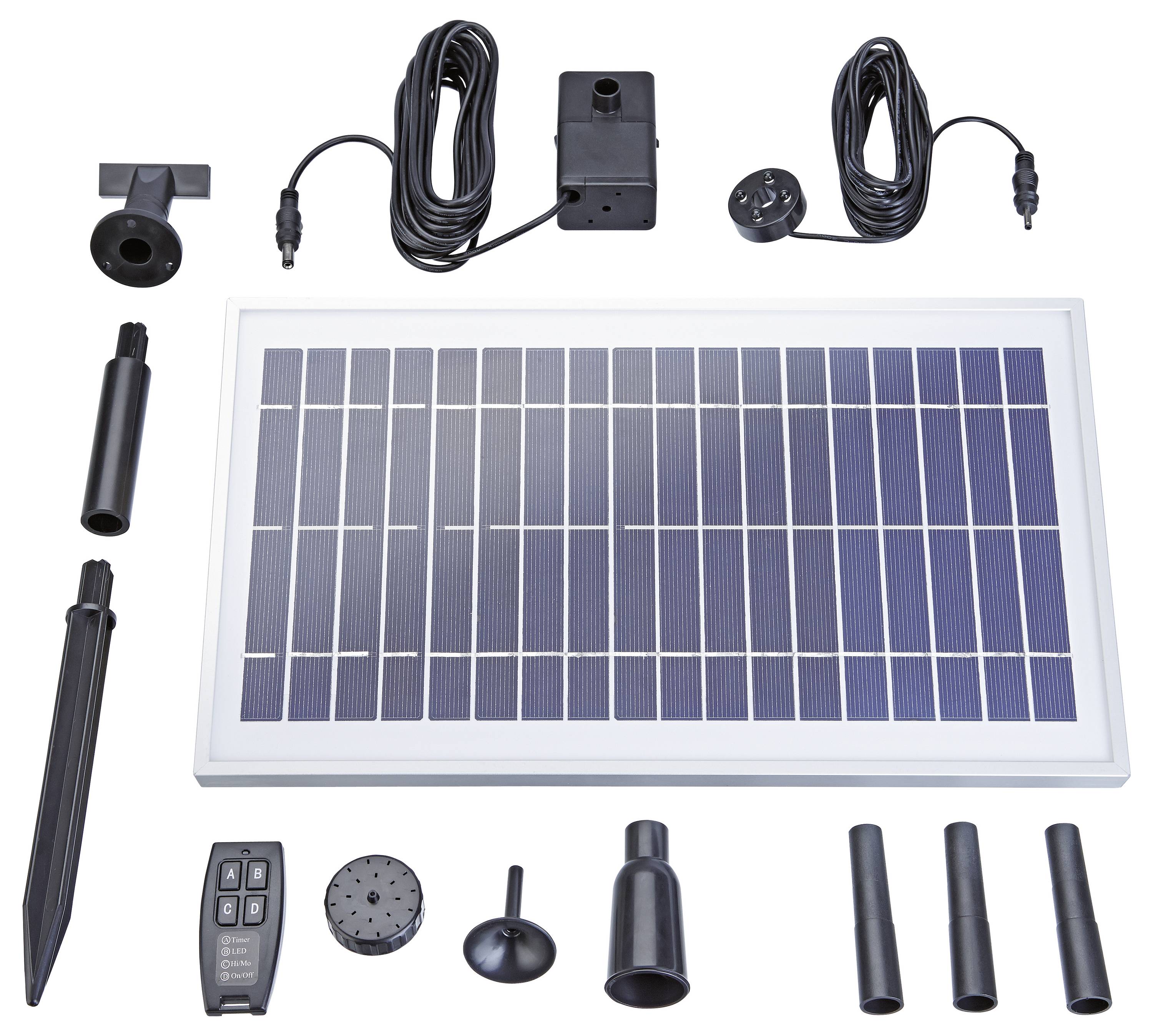 Solar-betriebenes Brunnen-Set enthält ein Solarpanel, eine Wasserpumpe, verschiedene Düsen, Kabel und eine Fernbedienung für Garten-Wasserspiele.