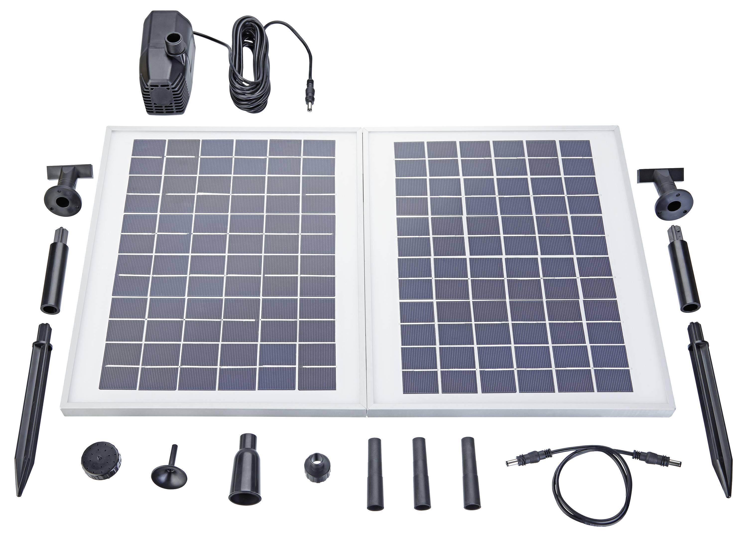 Solarpanel-Set mit Zwillingen, Anschlüssen, einer kleinen Pumpe, Montagepflöcken und Zubehör, das zur einfachen Montage angeordnet ist.