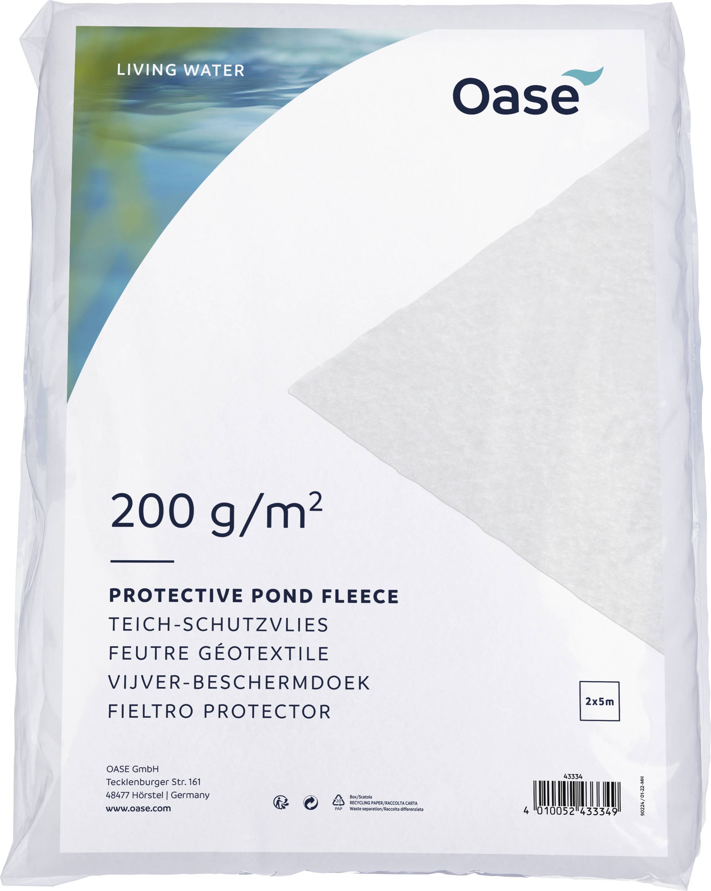 Teichschutzvlies 200 g/m², Verpackung mit Text in mehreren Sprachen, Markenname 'Oase' und Produktabbildung mit Abmessungen 2x5m.