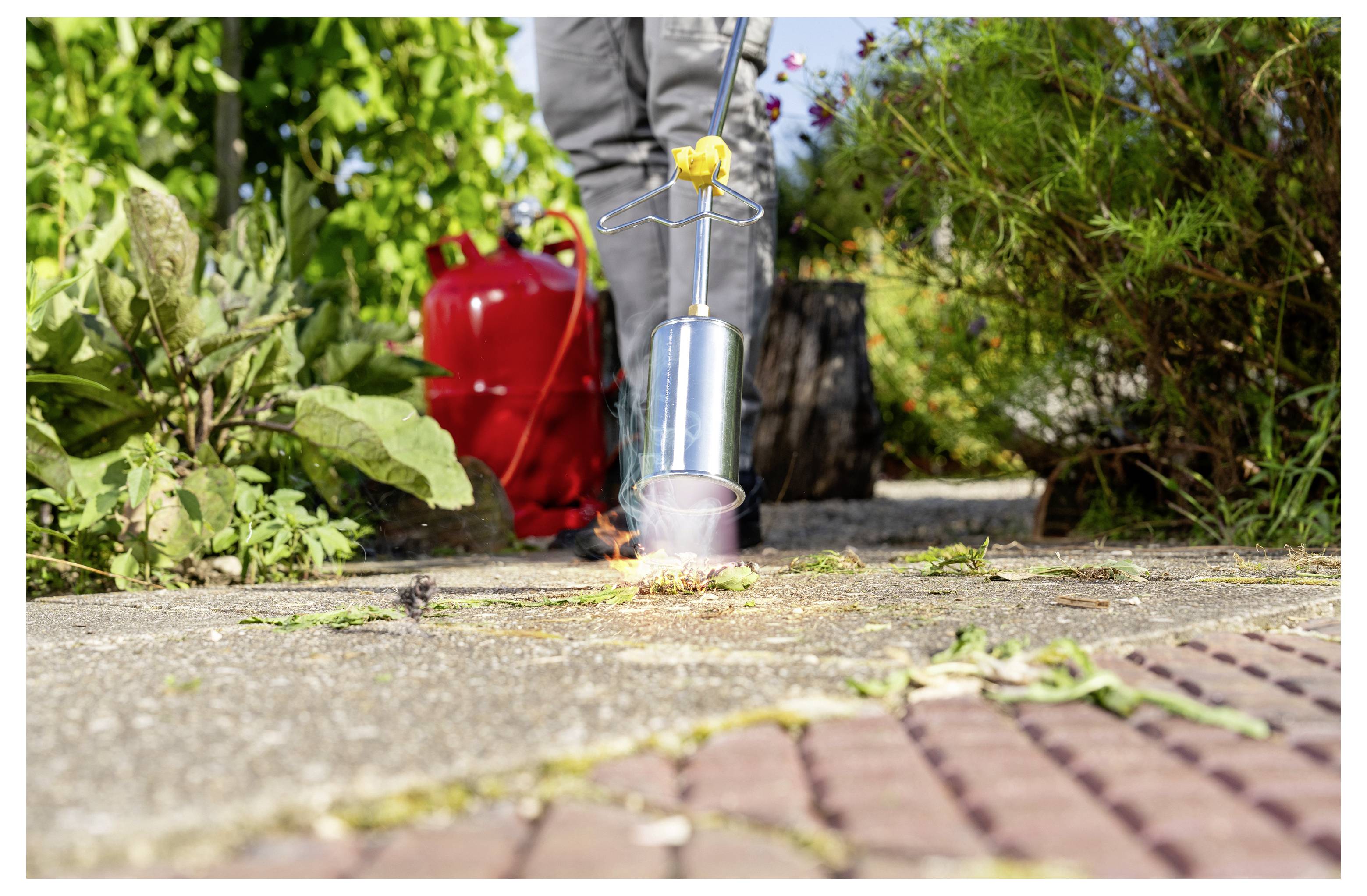 Person, die einen Unkrautvernichter verwendet, um Unkraut entlang eines gepflasterten Weges in einem Garten zu verbrennen, mit einem roten Benzinkanister in der Nähe.