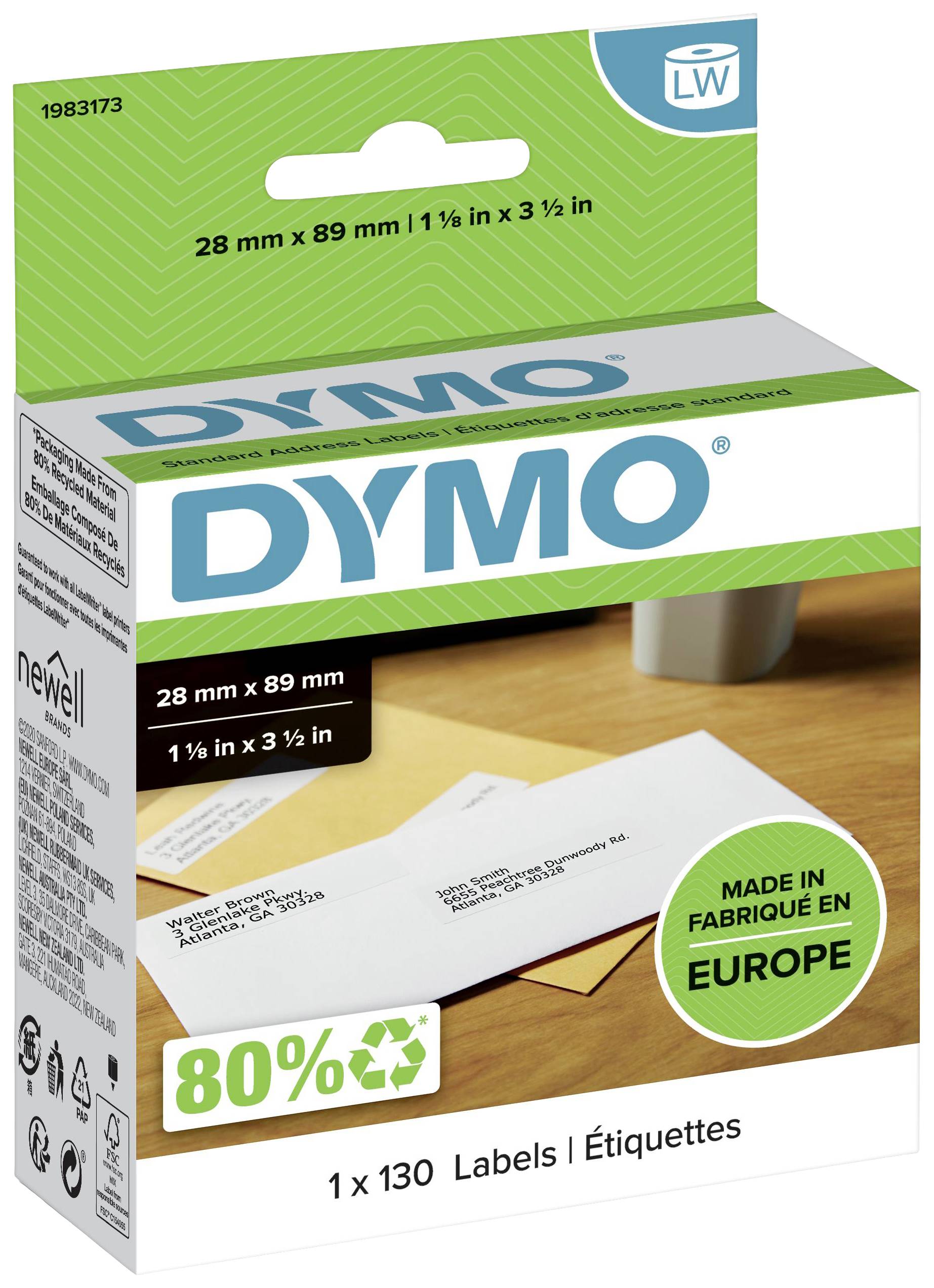 Verpackung einer DYMO-Etikettenrolle, 28 mm x 89 mm, 130 Etiketten. Enthält Hinweis '80 % recyclebar' und 'Made in Europe'.