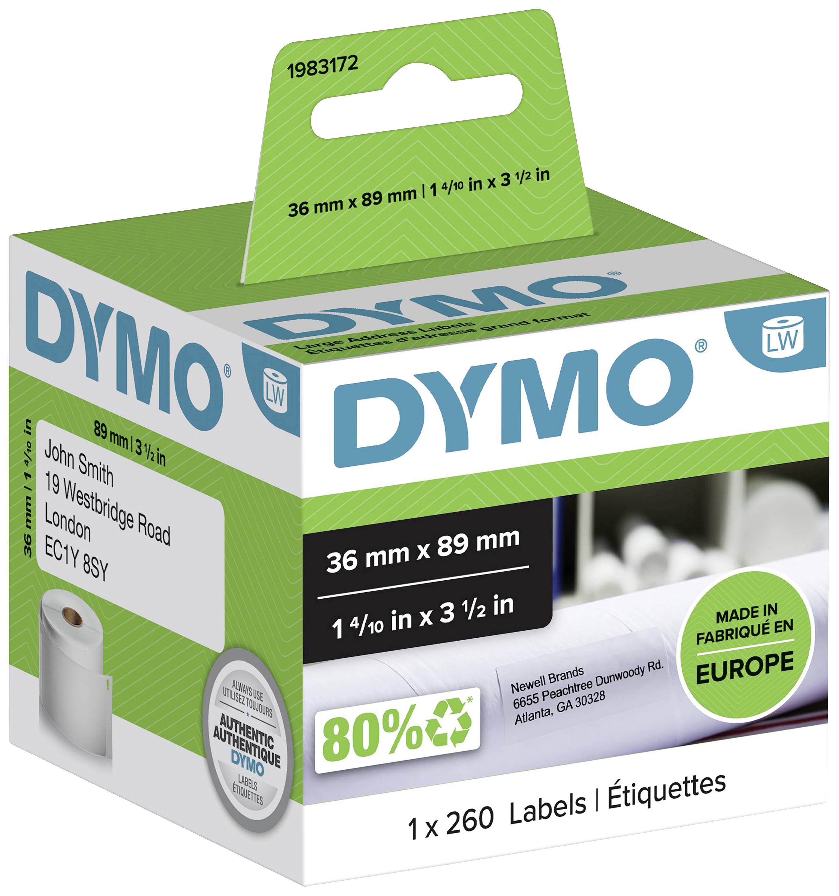 'DYMO'-Verpackung für Etiketten. Enthält 260 Etiketten, Maße: 36 mm x 89 mm. Hergestellt in Europa. Adresse und grüne Elemente hervorgehoben.