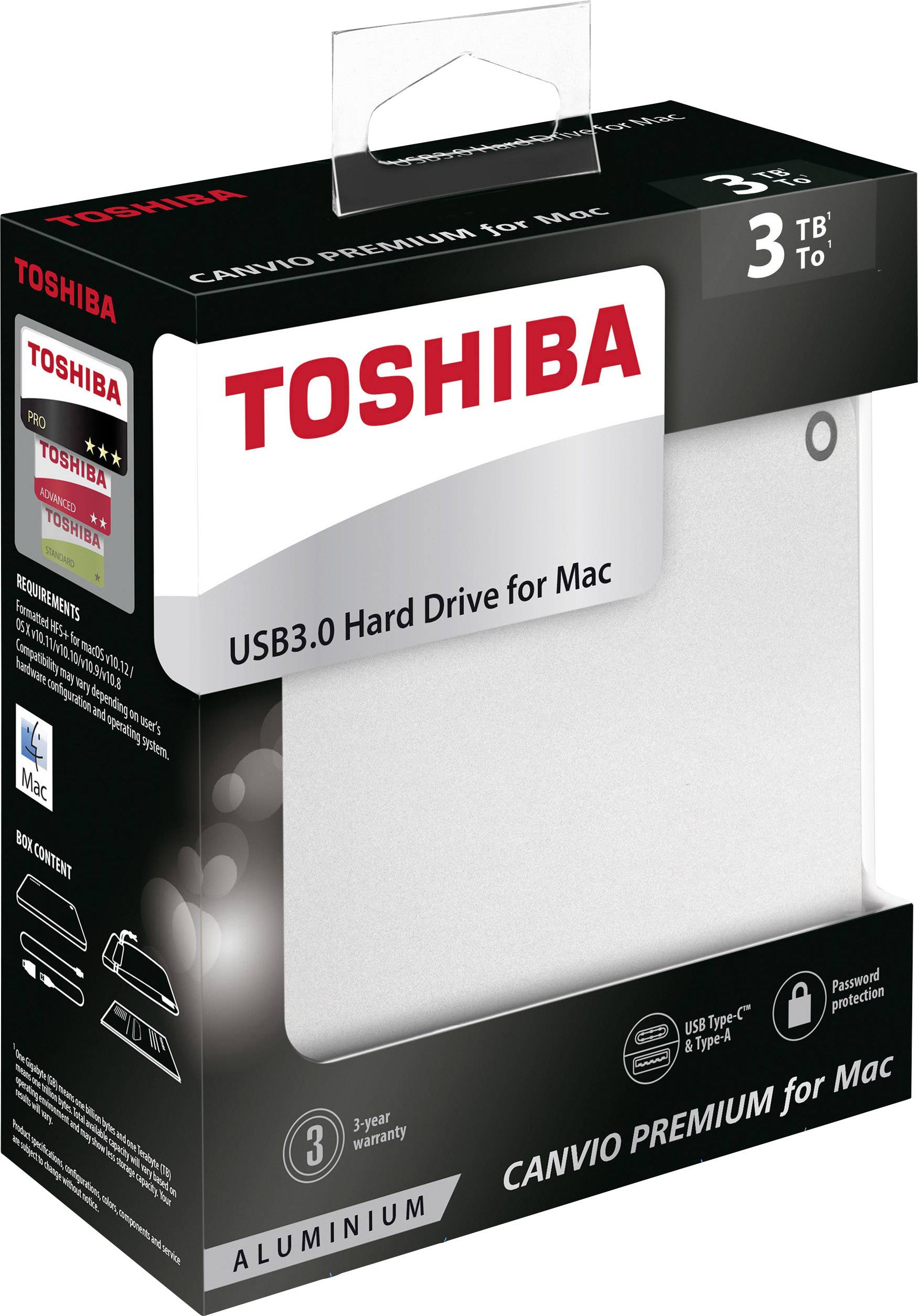 Toshiba Canvio Premium für Mac 3 TB Externe Festplatte 6.35 cm (2.5 Zoll) USB 3.2 Gen 1 (USB 3.0) Silber HDTW130ECMCA