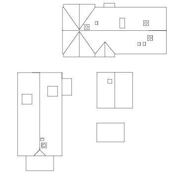 Technische Linienzeichnung mit mehreren Hausdach- und Wandaufrissen, mit Fenster, Türen und Dachneigungen aus verschiedenen Blickwinkeln.