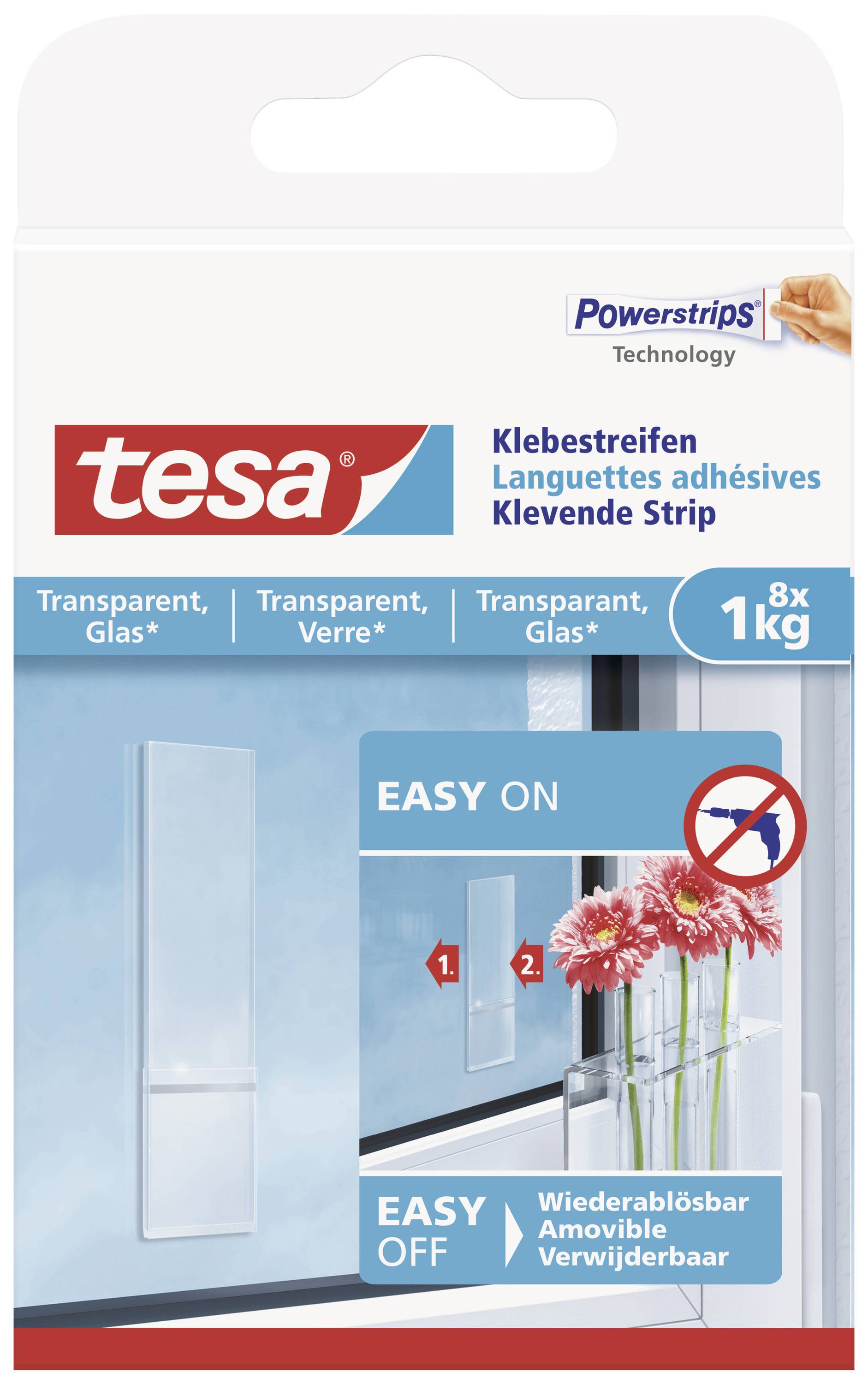 Verpackung für 'tesa' Klebestreifen, zeigt Anwendung zur Befestigung eines Objekts an einer Glasoberfläche. Max. Tragkraft: 1 kg.