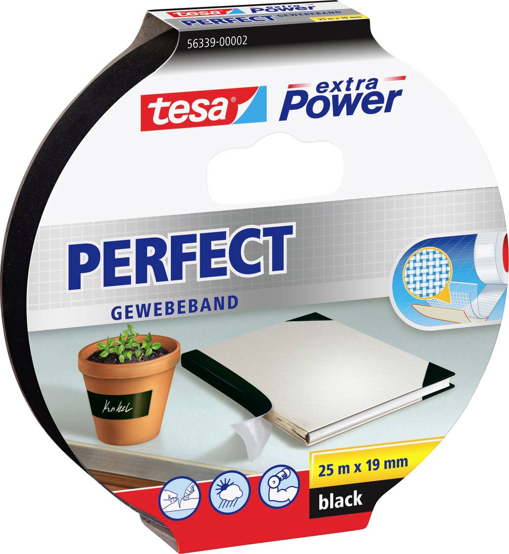 Das Bild zeigt eine Rolle Tesa extra Power Perfect Gewebeband, schwarz, 25m x 19mm. Die Verpackung hebt seine wasserdichten und starken Hafteigenschaften hervor.
