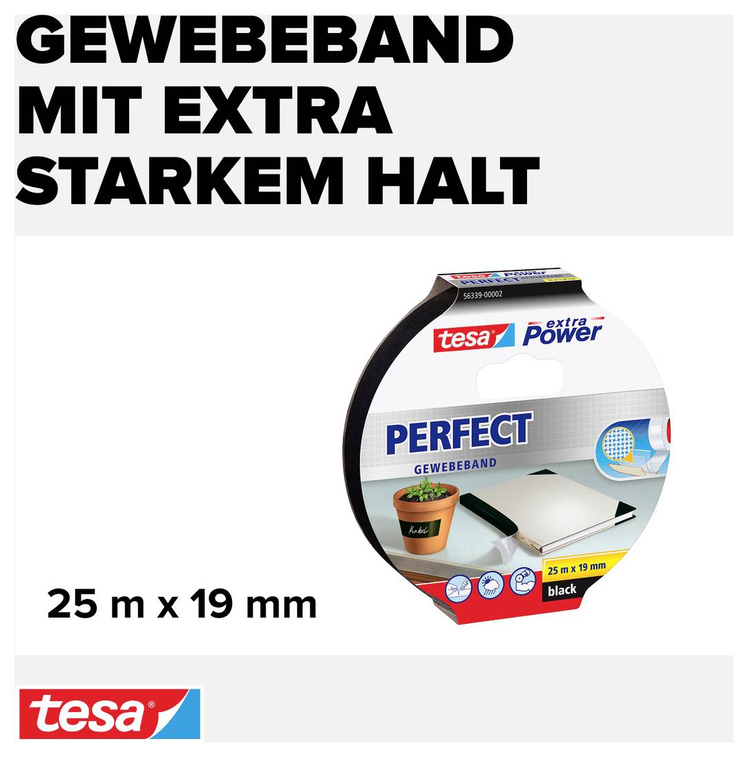 Gewebeband-Verpackung mit der Aufschrift 'Gewebeband mit extra starkem Halt'. Maße: 25 m x 19 mm, Farbe: schwarz.