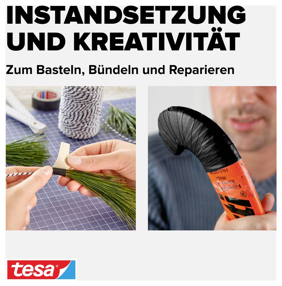INSTANDSETZUNG UND KREATIVITÄT: Zum Basteln, Bündeln und Reparieren. Links: Hände mit Band. Rechts: Person repariert Griff mit Klebeband.