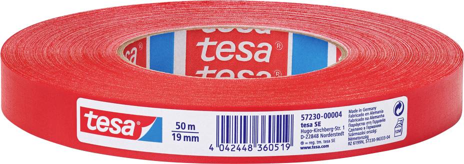 Eine Rolle rotes 'tesa' Klebeband, 50 Meter lang und 19 mm breit, mit Produktdetails und Barcode, die auf der äußeren Verpackung sichtbar sind.