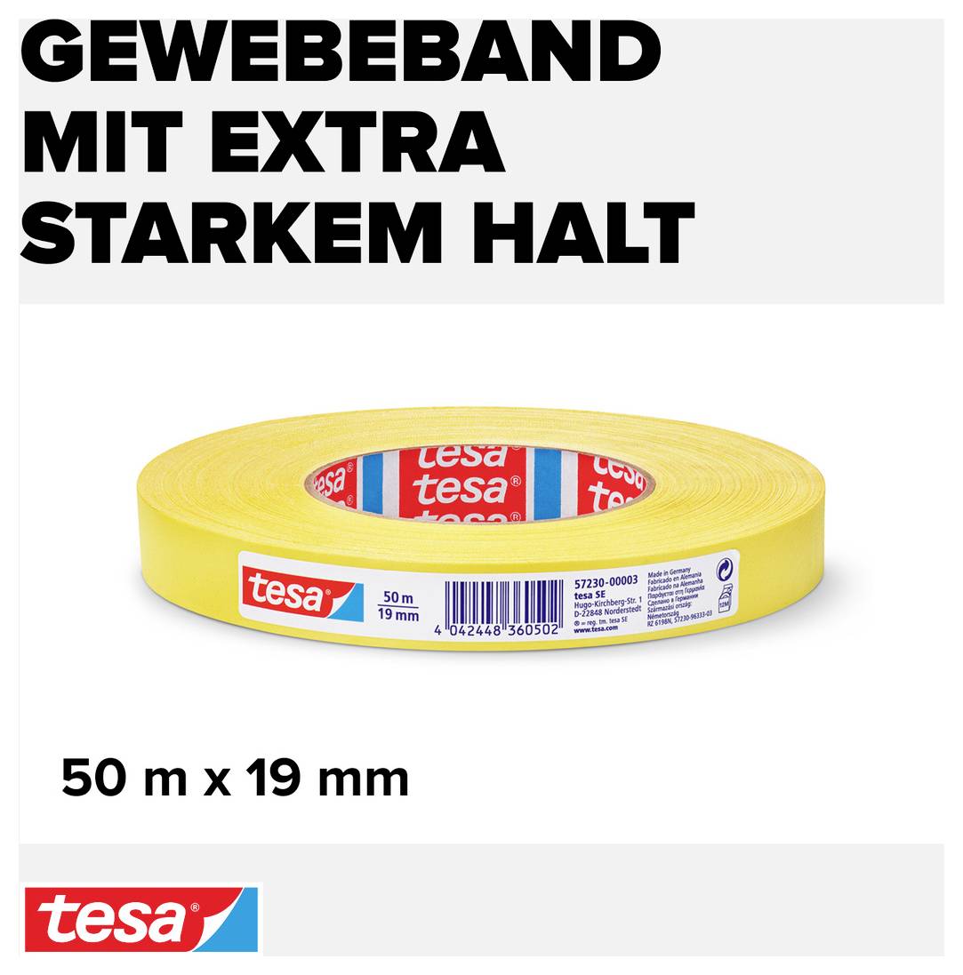 Eine Rolle gelbes Gewebeband der Marke 'tesa', 50 m x 19 mm, mit extra starkem Halt.
