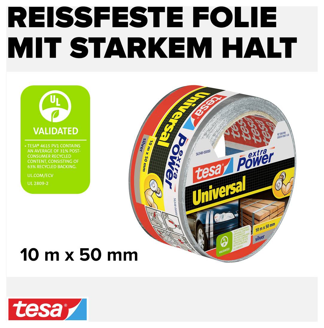 Reißfeste Folie mit starkem Halt. tesa extra Power Universal, 10 m x 50 mm, validiert von UL, gewebebasiert, recyceltes Trägermaterial.